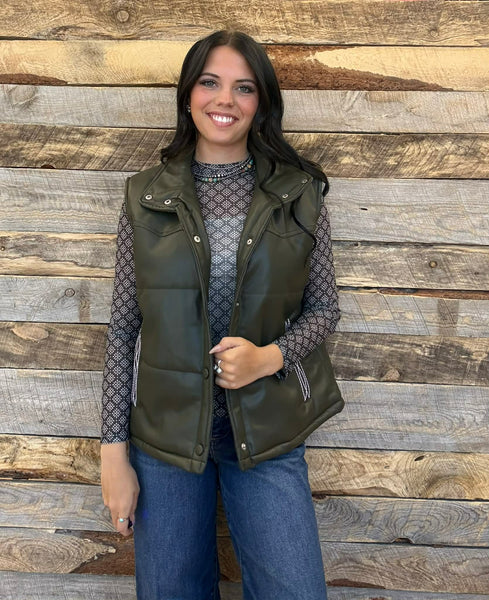 The Quilted Leather Boot Stitch Olive Crop Vest