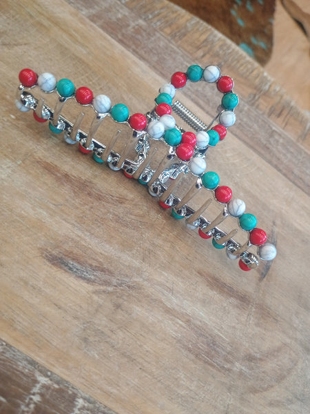 The Red, Bone and Turquoise Faux Claw Clip