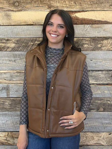 The Quilted Leather Boot Stitch Brown Crop Vest