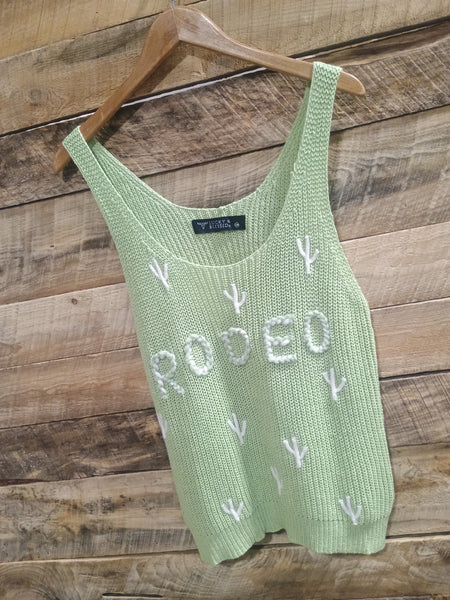 The Rodeo Cactus Embroidered Sage Tank Top