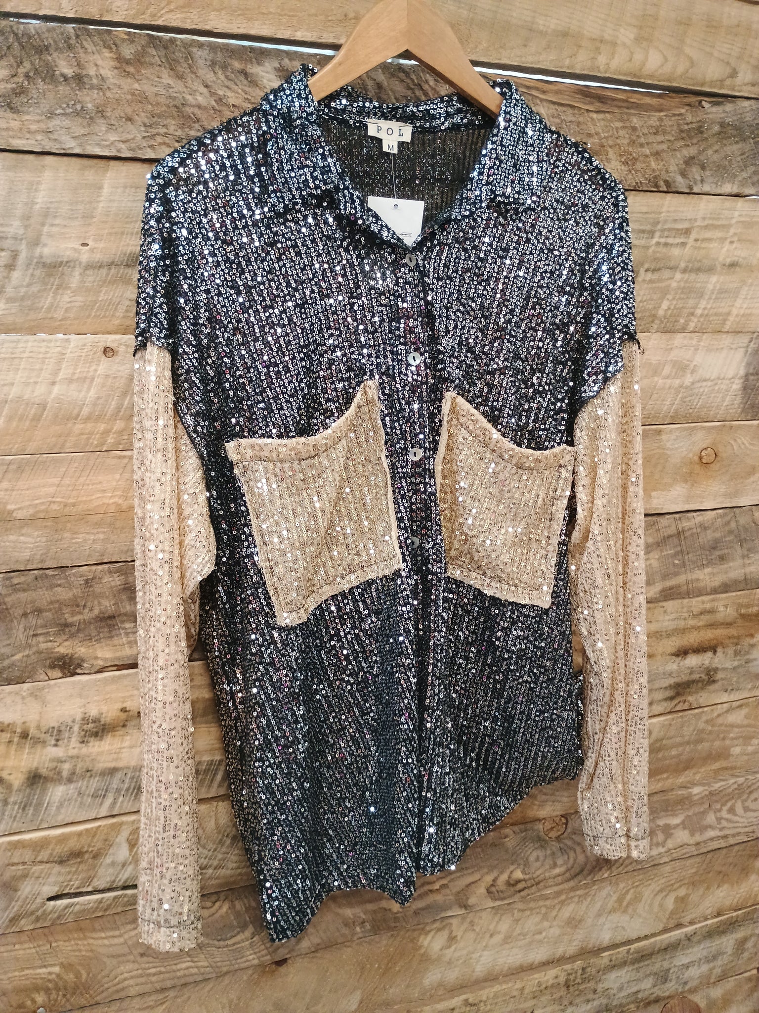 The Sequins and Tan Button Up Top