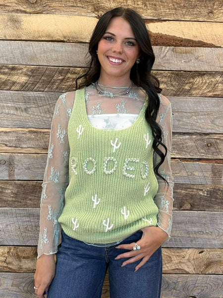 The Rodeo Cactus Embroidered Sage Tank Top