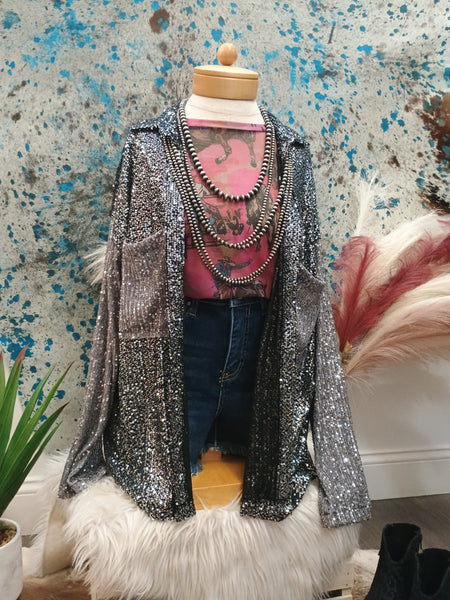 The Sequins and Grey Button Up Top