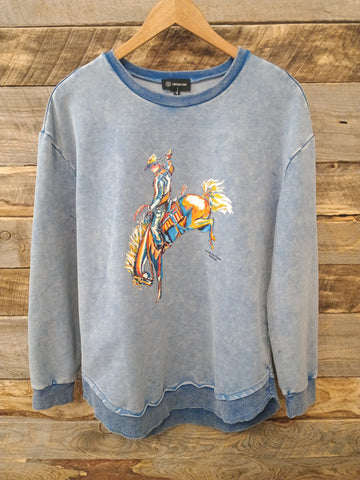 The CrissCross Chaos Bronc Blue Acid Wash Sweatshirt