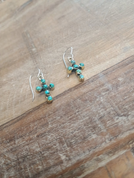 The Simple Cross Dangle Turquoise & Brass Earrings