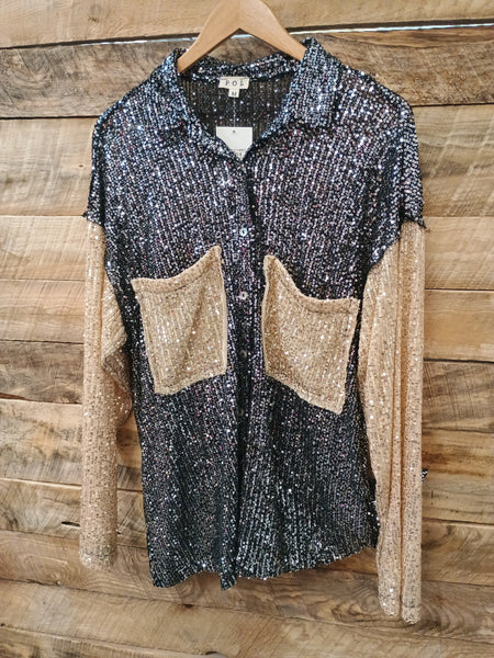 The Sequins and Tan Button Up Top