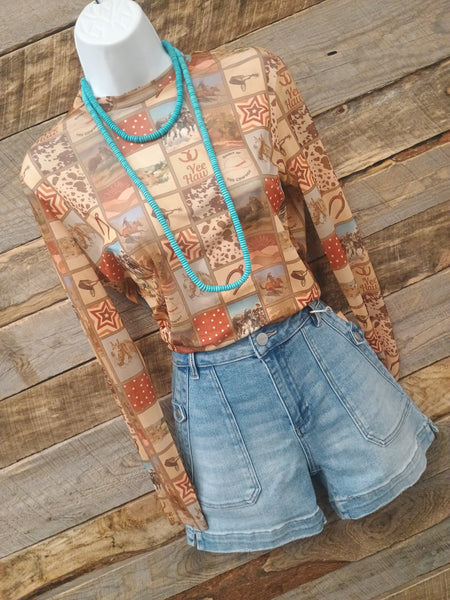 The Square Western Collage Mesh Top