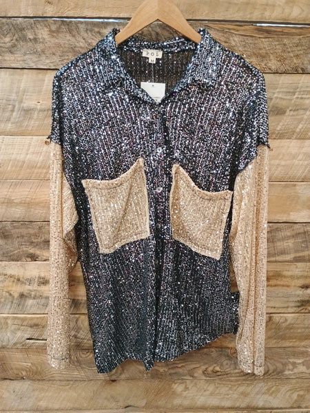 The Sequins and Tan Button Up Top