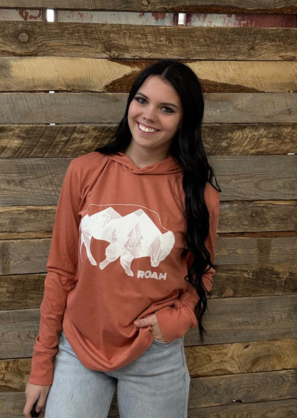 The Geometric Tree Bison Rust Long Sleeve Hooded Tee