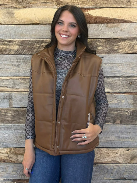 The Quilted Leather Boot Stitch Brown Crop Vest