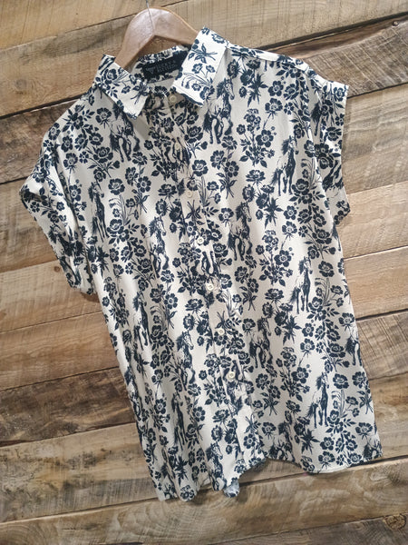 The Horses Floral Printed Button Down Collared Tunic Top