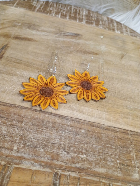 The Large Yellow Sunflower Leather Earrings