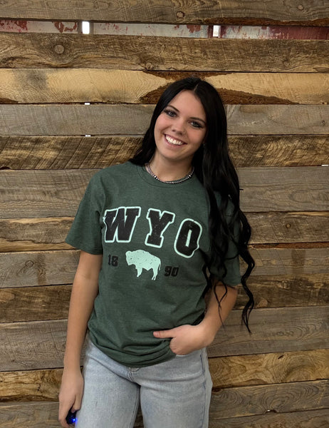 The Distressed WYO Bison Heather Forest Tee
