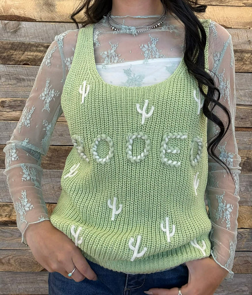 The Rodeo Cactus Embroidered Sage Tank Top