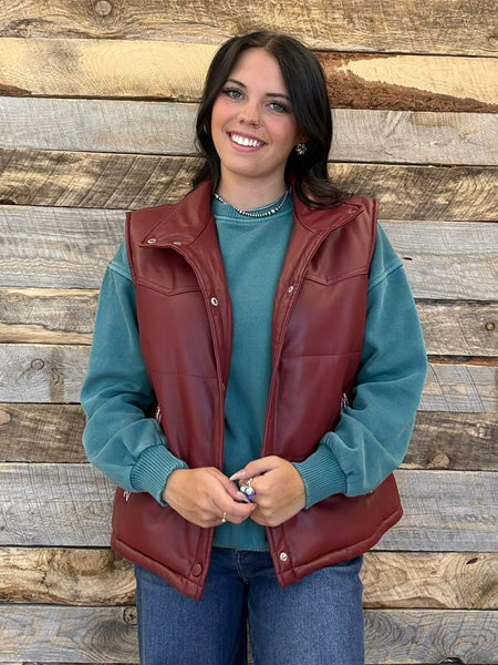 The Quilted Leather Boot Stitch Burgundy Crop Vest