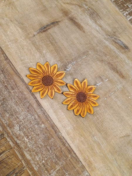 The Large Yellow Sunflower Leather Earrings