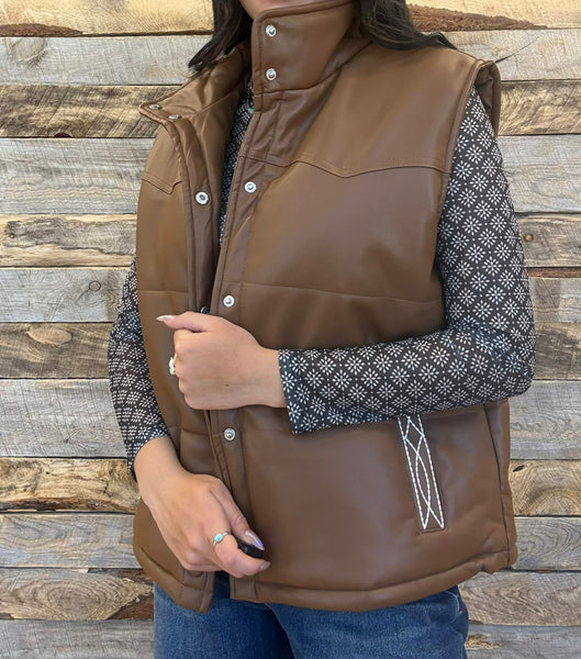 The Quilted Leather Boot Stitch Brown Crop Vest