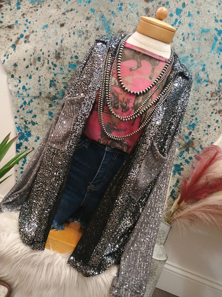 The Sequins and Grey Button Up Top