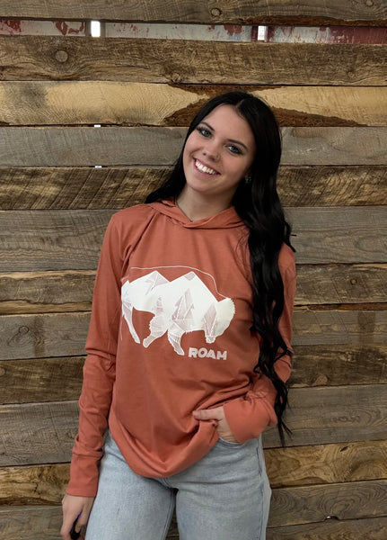The Geometric Tree Bison Rust Long Sleeve Hooded Tee