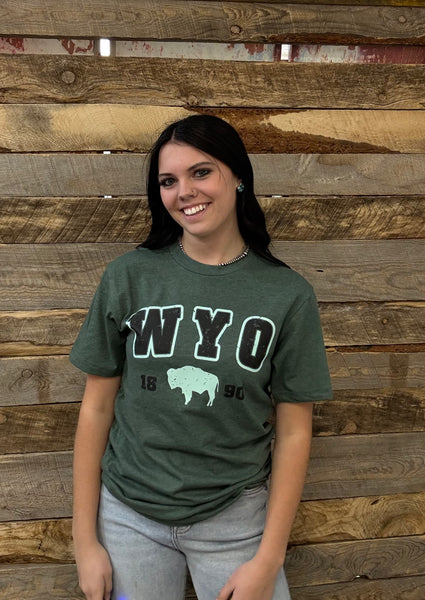 The Distressed WYO Bison Heather Forest Tee