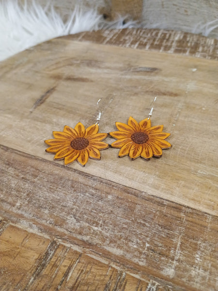The Large Yellow Sunflower Leather Earrings