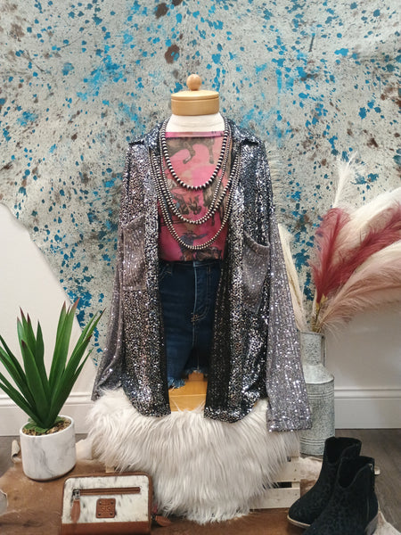 The Sequins and Grey Button Up Top