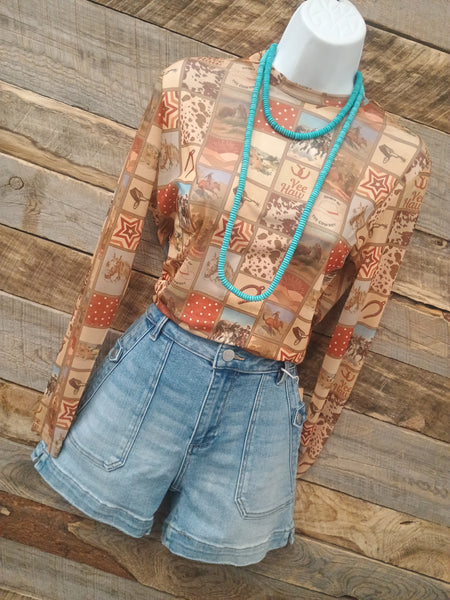 The Square Western Collage Mesh Top