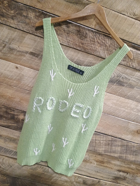 The Rodeo Cactus Embroidered Sage Tank Top