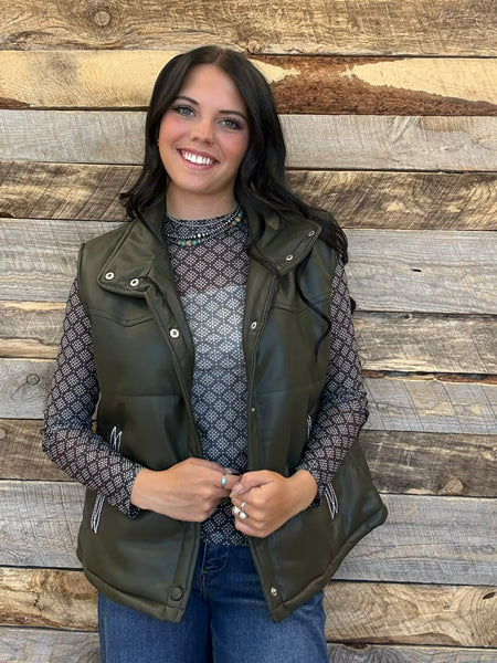 The Quilted Leather Boot Stitch Olive Crop Vest