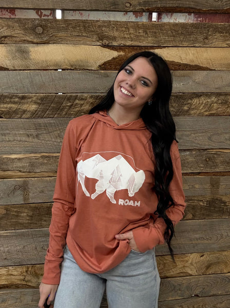 The Geometric Tree Bison Rust Long Sleeve Hooded Tee