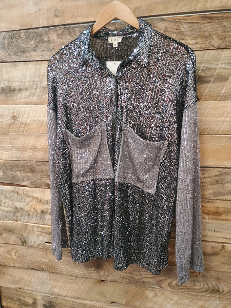The Sequins and Grey Button Up Top