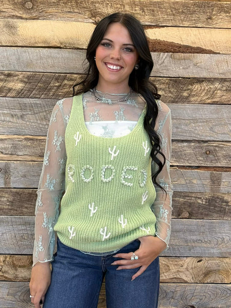 The Rodeo Cactus Embroidered Sage Tank Top