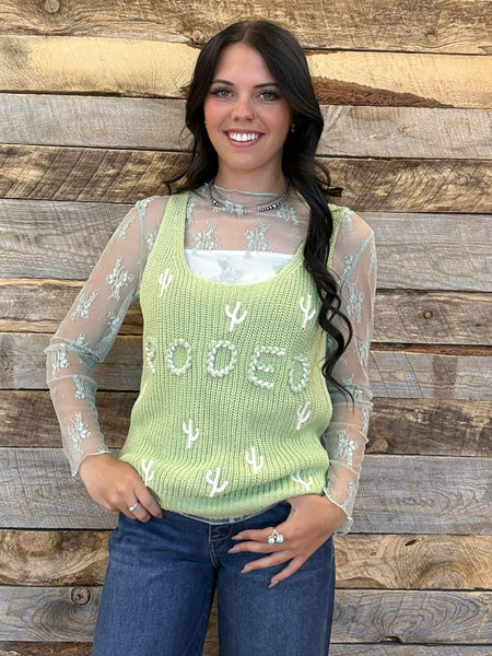 The Rodeo Cactus Embroidered Sage Tank Top