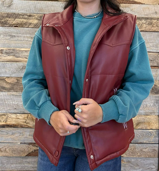 The Quilted Leather Boot Stitch Burgundy Crop Vest