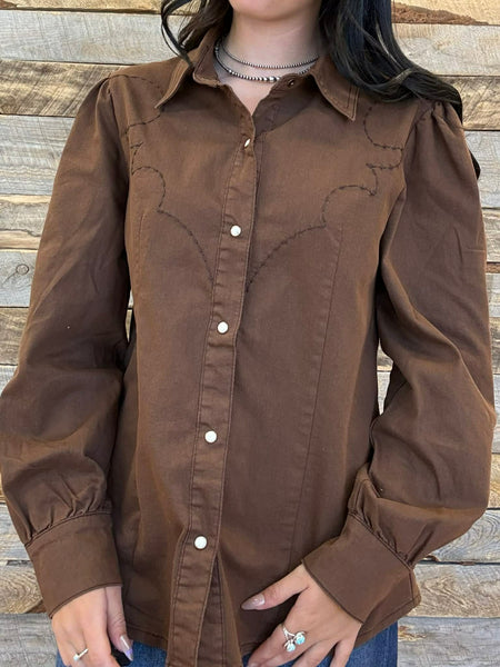 The Embroidered Puff Long Sleeve Brown Top