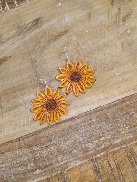 The Large Yellow Sunflower Leather Earrings