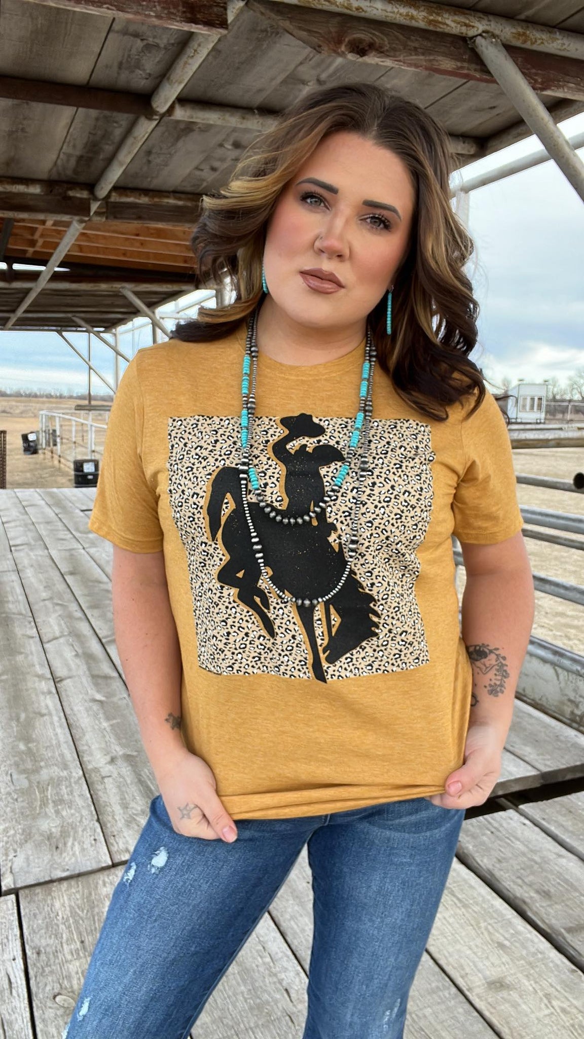 The Leopard Bronc Rider Heathered Mustard Tee