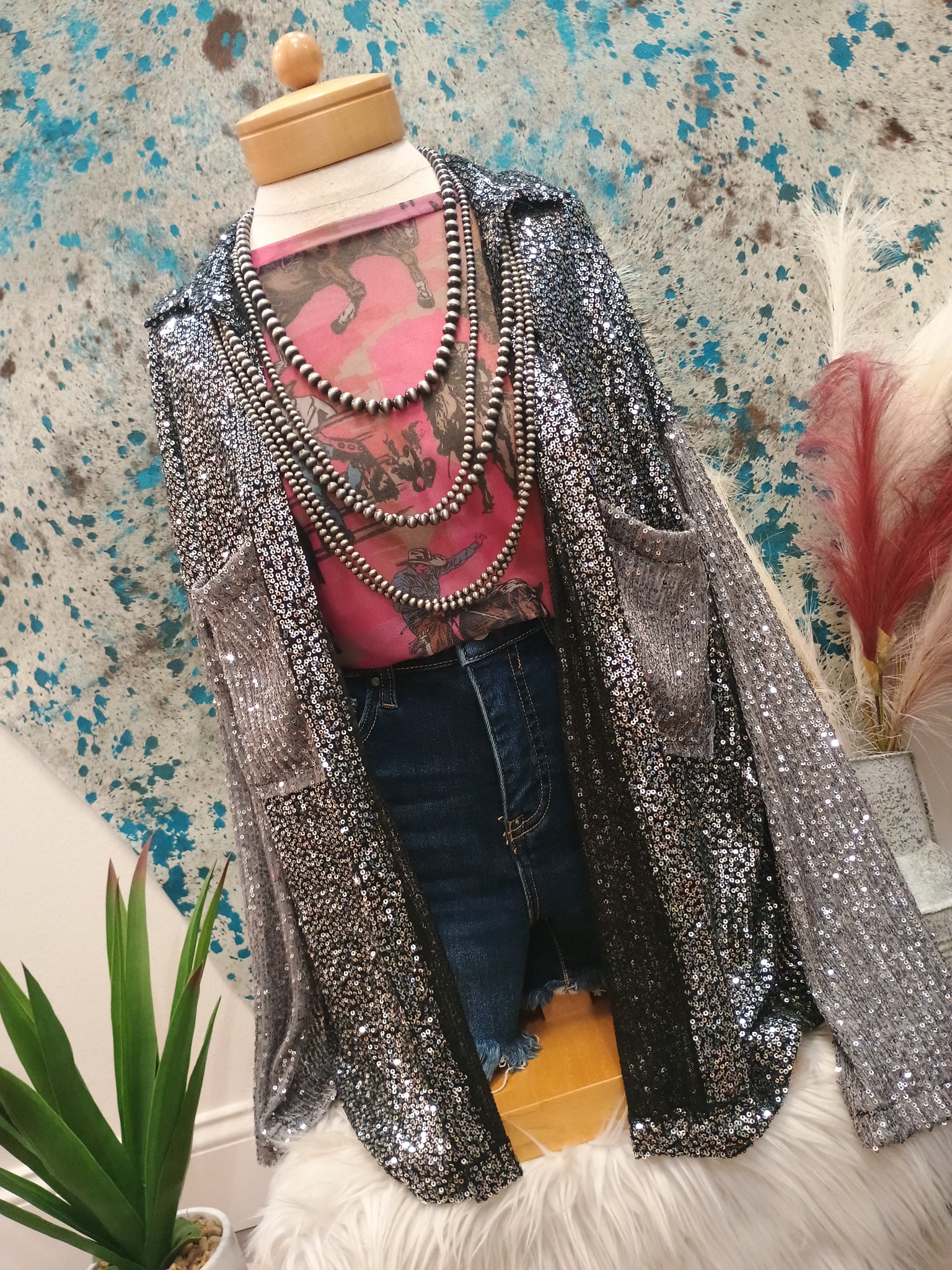 The Sequins and Grey Button Up Top
