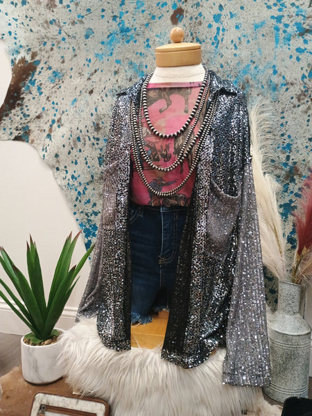 The Sequins and Grey Button Up Top