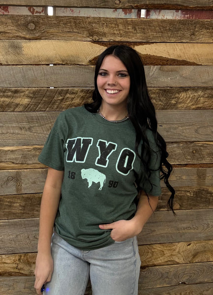The Distressed WYO Bison Heather Forest Tee
