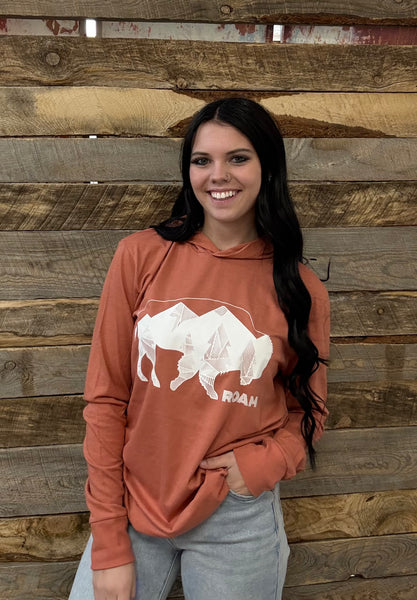 The Geometric Tree Bison Rust Long Sleeve Hooded Tee