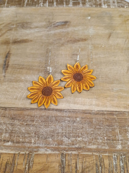 The Large Yellow Sunflower Leather Earrings