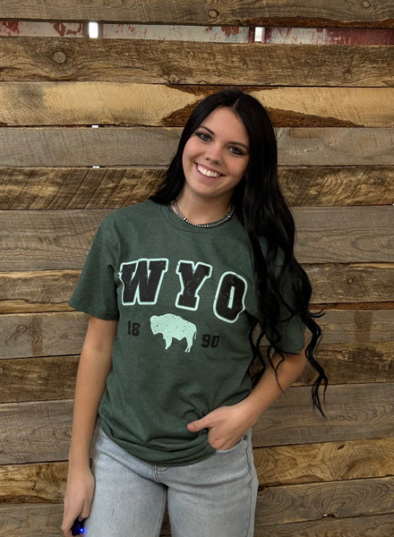 The Distressed WYO Bison Heather Forest Tee