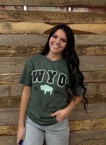 The Distressed WYO Bison Heather Forest Tee