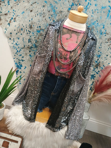 The Sequins and Grey Button Up Top