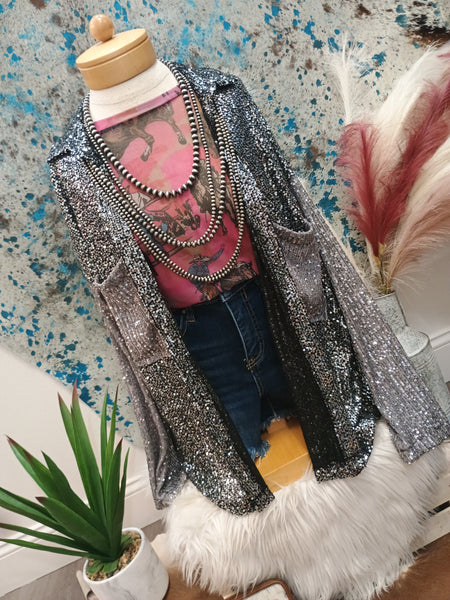 The Sequins and Grey Button Up Top