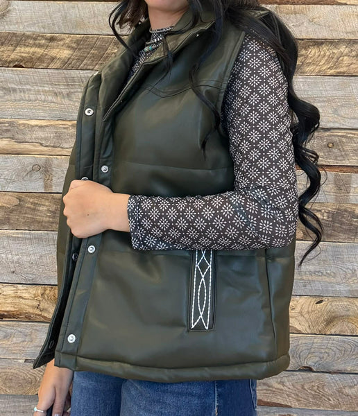 The Quilted Leather Boot Stitch Olive Crop Vest