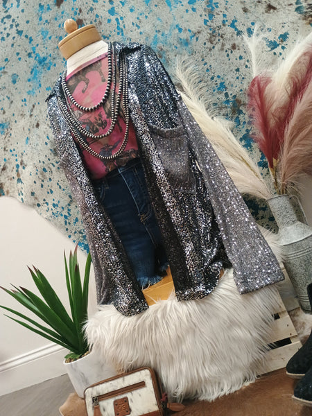 The Sequins and Grey Button Up Top