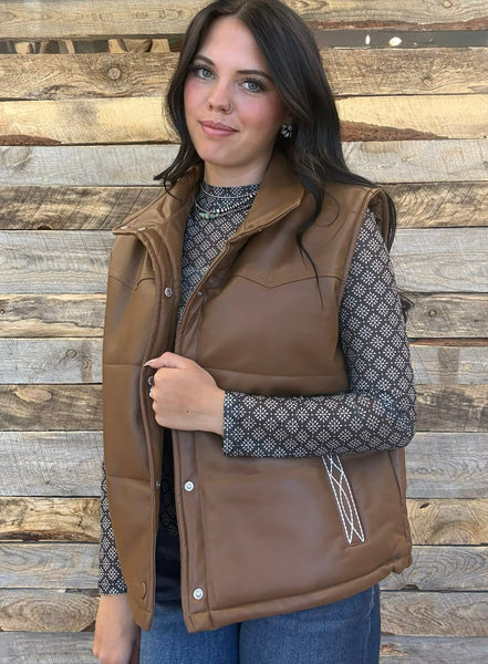 The Quilted Leather Boot Stitch Brown Crop Vest