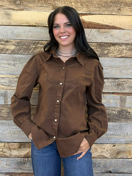 The Embroidered Puff Long Sleeve Brown Top